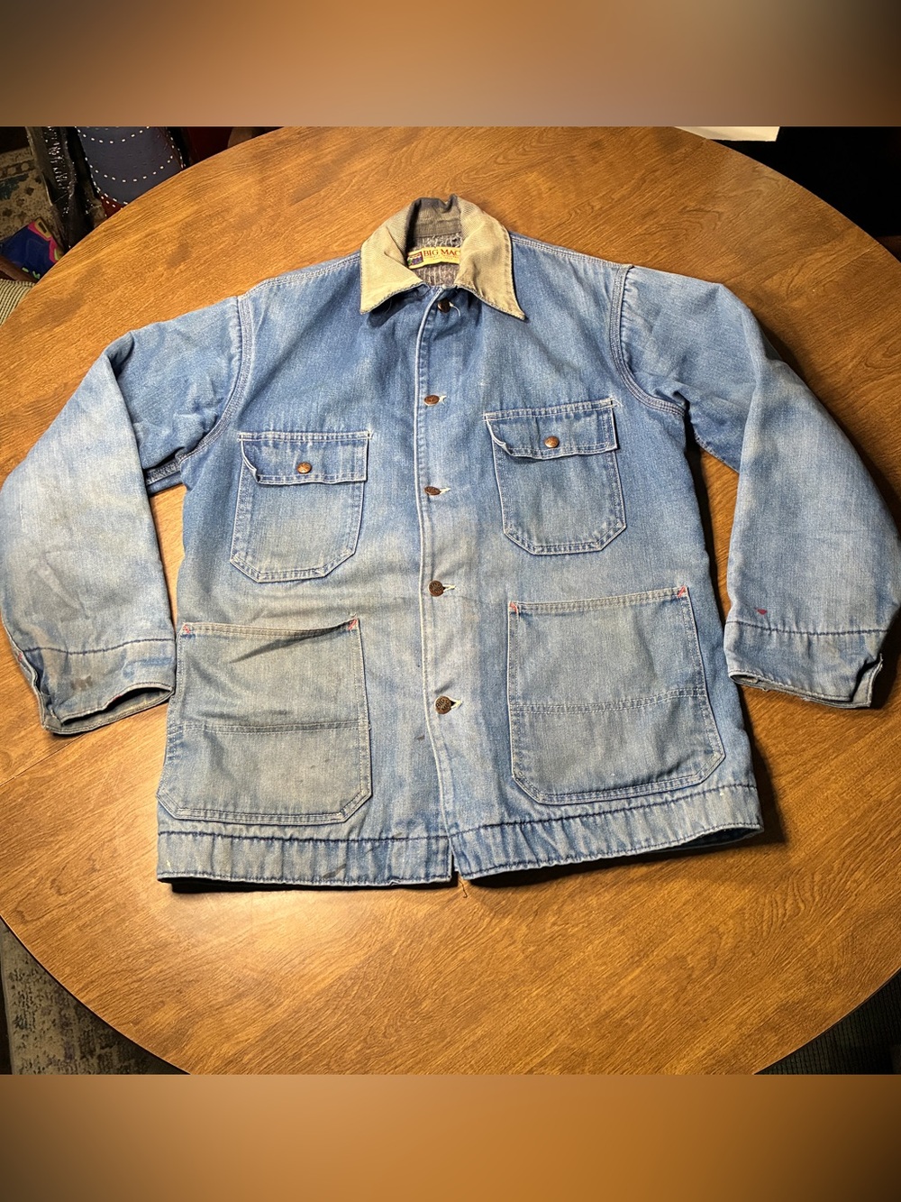 Vintage BIG MAC Chore Jacket Mens L Blue 70S Sun Faded Denim Patina Barn Coat